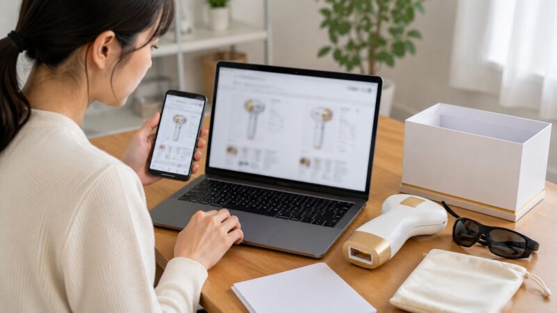 似た家庭用IPL脱毛器の商品ページを比較して販売元を確認する日本人女性