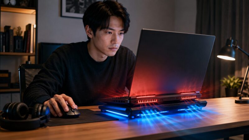 高負荷作業中のゲーミングノートPCと冷却台