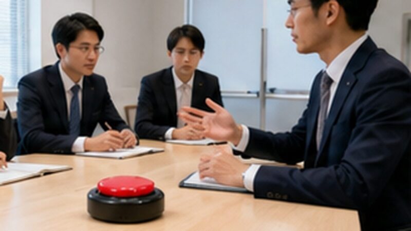 会議机に録音ボタンを置いて話し合う日本人のビジネスパーソン