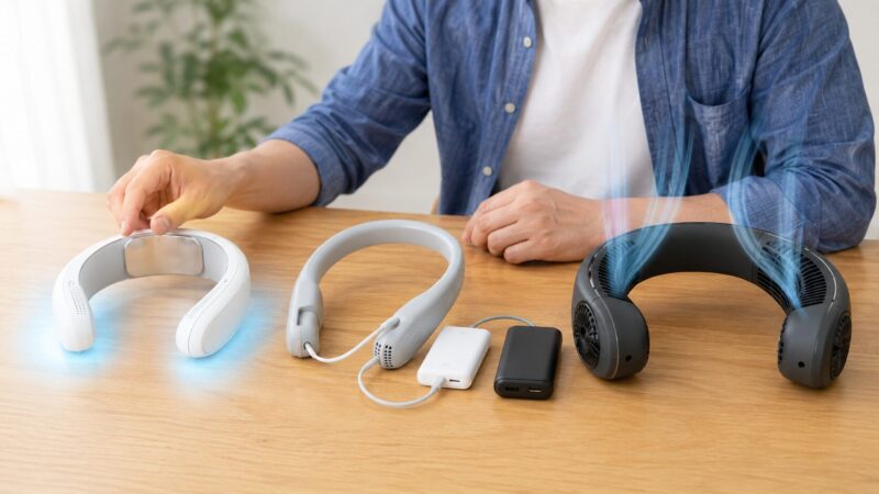 内蔵電池式と外部給電式と送風式のネッククーラー3種類を比較する様子