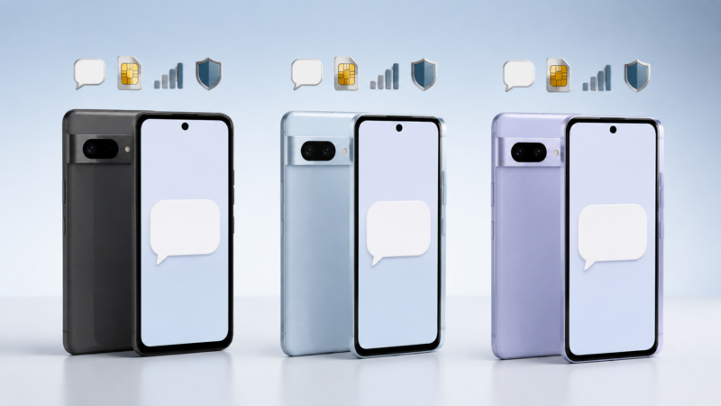 Pixel 7a・8a・9aで共通するSMS確認項目を表す3台のスマートフォン