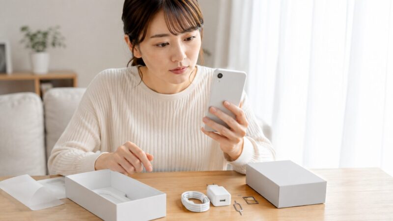 スマートフォンの付属品と状態を購入前に確認する日本人女性