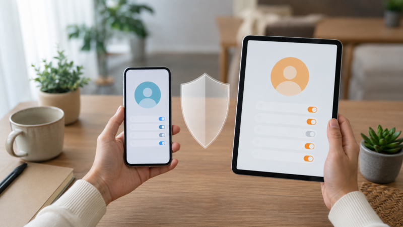 iPhoneとiPadで異なるApple Accountとプライバシー設定を確認する様子
