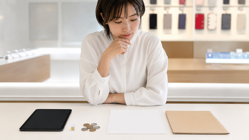 タブレット本体とSIMや回線料金の総額を比較する日本人女性