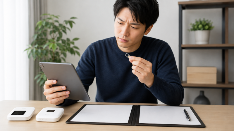 タブレットとSIMを確認してMNPの可否を調べる日本人男性