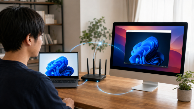 同一LAN内のWindowsパソコンからMacへVNC接続している様子