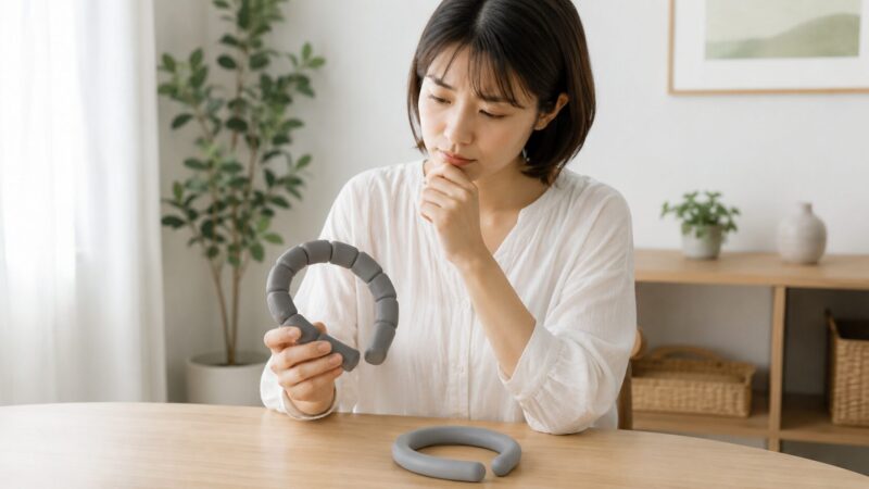 分割された冷却部分を持つネッククーラーNEOの形状と使いやすさを確認する日本人女性
