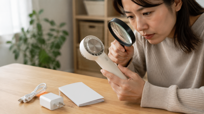 ハンディファン本体と充電器を詳しく点検する日本人女性
