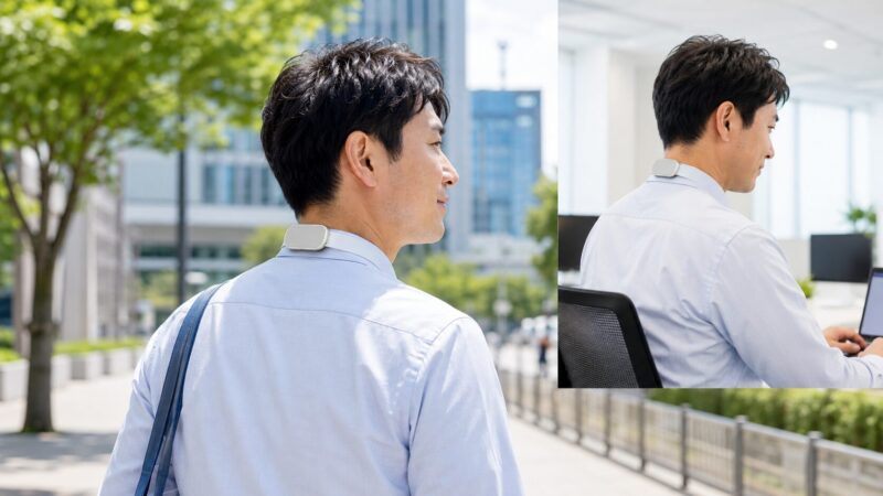 首の後ろを直接冷やす接触冷却式ネックデバイスを屋外とオフィスで使う日本人男性
