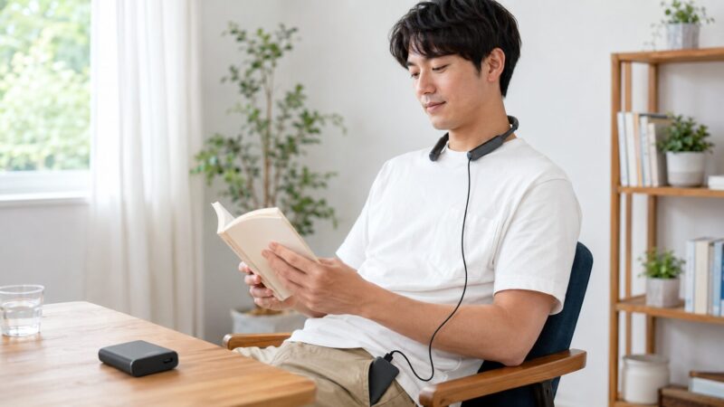 軽量な有線式ネッククーラーをモバイルバッテリーにつないで使う日本人男性