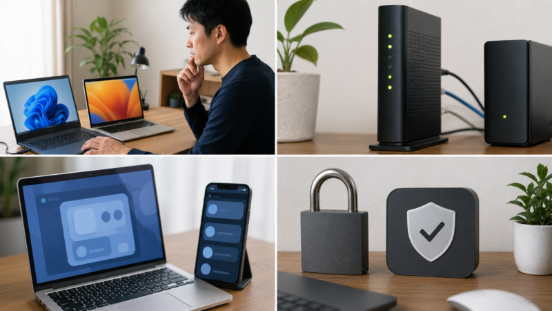 WindowsからMacへ接続できない原因を電源や通信環境から確認する様子
