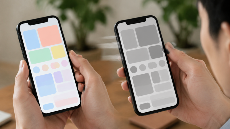 スマホをカラー表示からグレースケールへ素早く切り替える様子