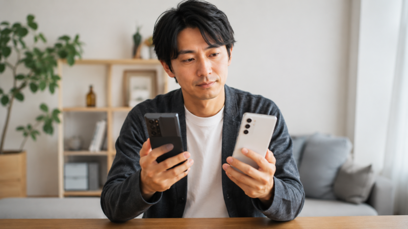 XiaomiとOPPOを想定した2台のスマートフォンを比較する日本人男性
