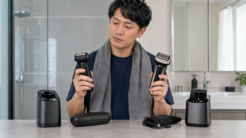 ブラウンとラムダッシュをイメージした2種類の電気シェーバーのヘッドや付属品を比較する日本人男性