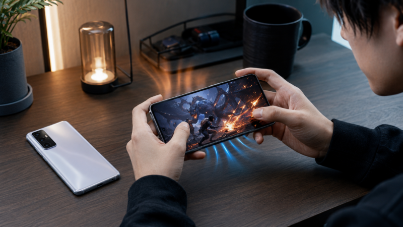 スマートフォンのゲーム性能と発熱を確認しながらプレイする日本人男性