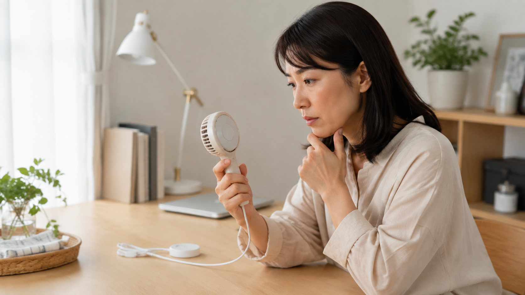 シシベラのハンディファンの安全性を確認する日本人女性