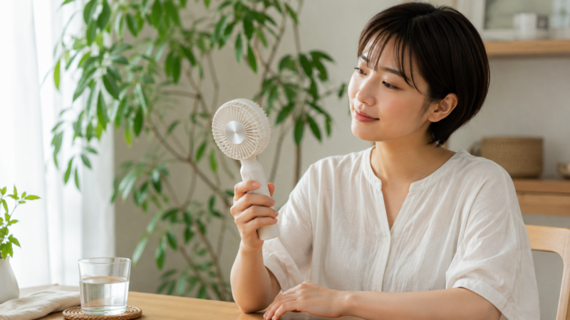 直射日光を避けてハンディファンを安全に使用する日本人女性