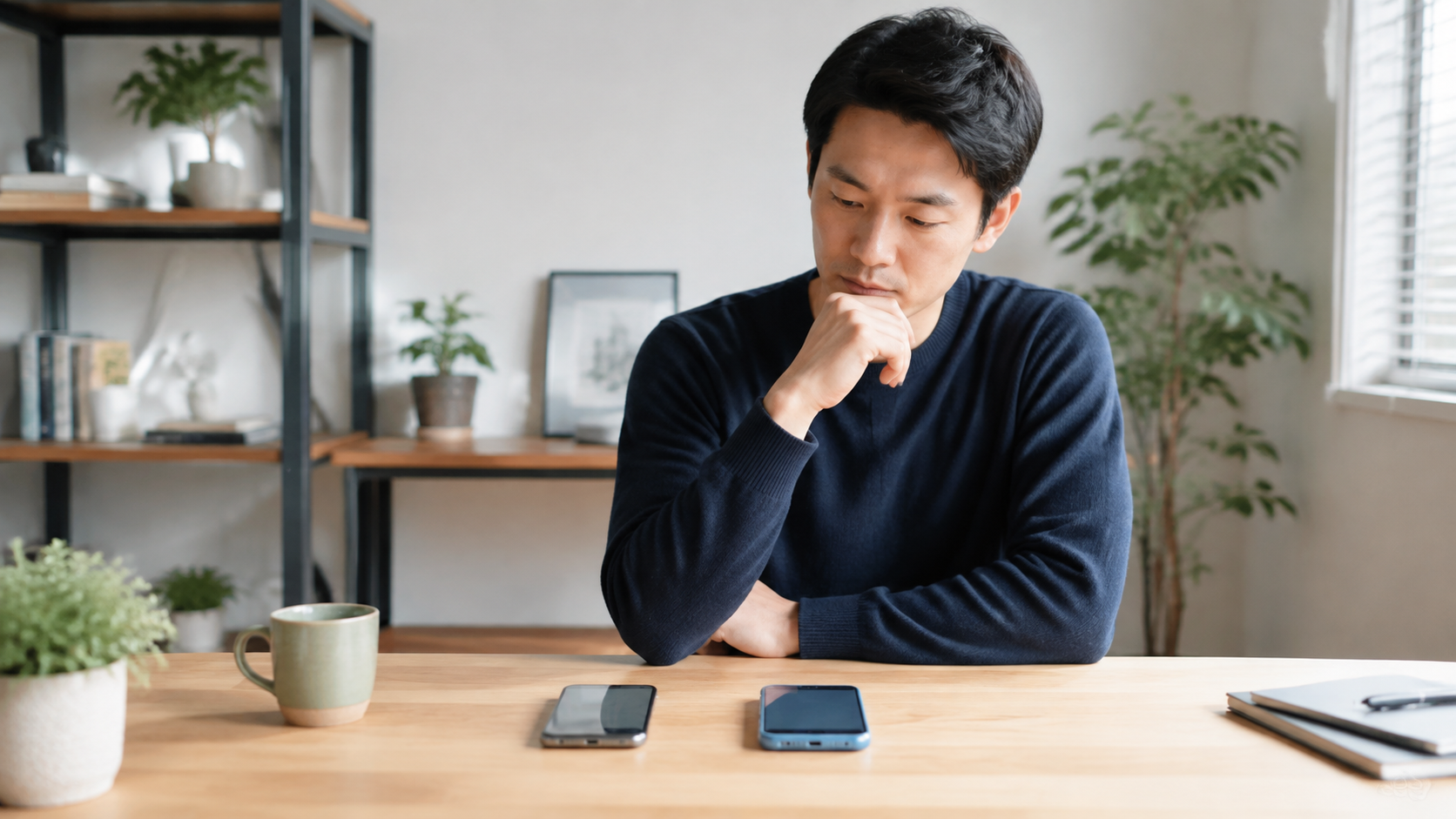 仕事用と私用のスマホ2台を前に使い方を考える日本人
