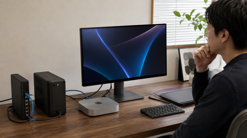 Mac miniとルーターをUPSと有線LANへ接続して停電に備える様子