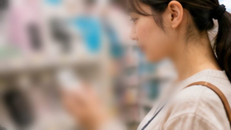 100円ショップの売り場で録音関連商品を探す日本人女性