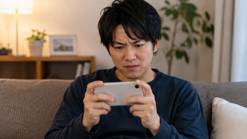 スマートフォンでゲームをして動作の重さを感じる日本人男性