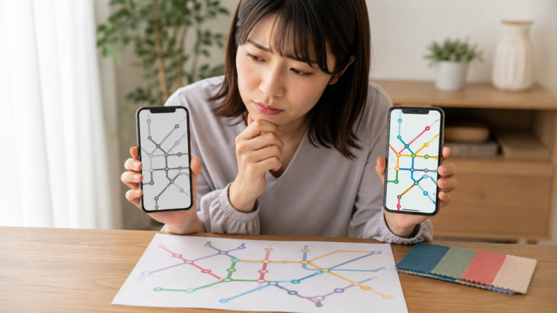 白黒表示では路線図の色を区別しにくいことを確認する日本人女性