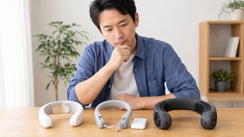 長時間使用向けの3種類のネッククーラーを比較する日本人男性