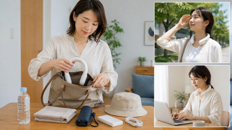 ネッククーラーと予備電源や暑さ対策用品をバッグへ準備する日本人女性
