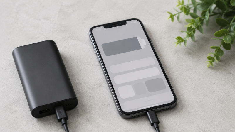 グレースケールのスマホとモバイルバッテリーを並べた様子