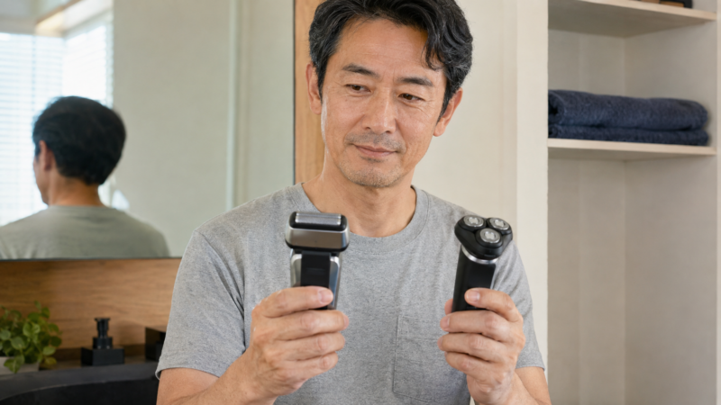 往復式と回転式の電動シェーバーを手に持って選ぶ日本人男性