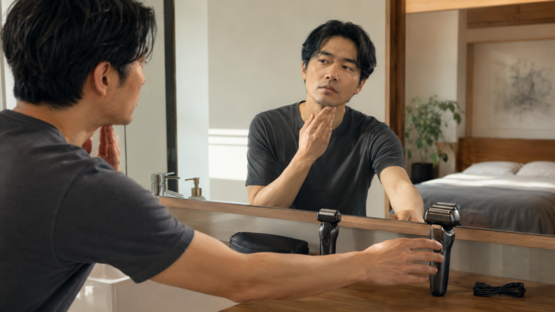 ヒゲの生え方を確認しながらコンパクトヘッドと幅広ヘッドのシェーバーを選ぶ日本人男性