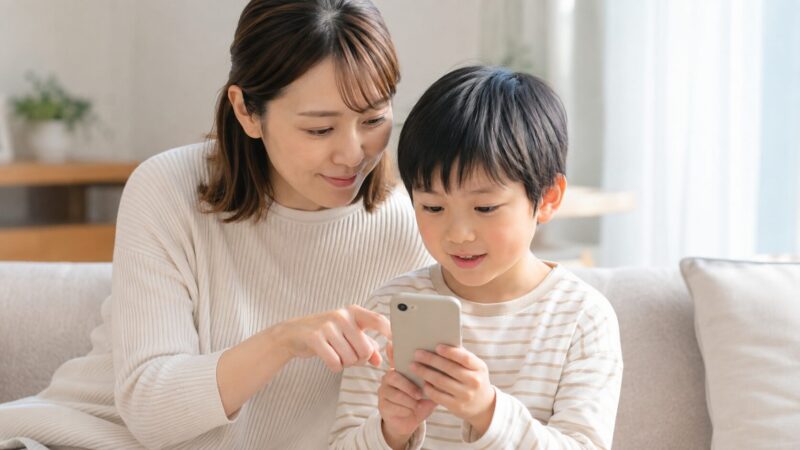 初めてのスマートフォンを親子で操作する日本人家族