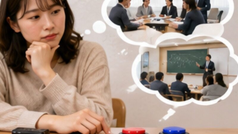 会議や授業で使う録音機器を比較検討する日本人女性