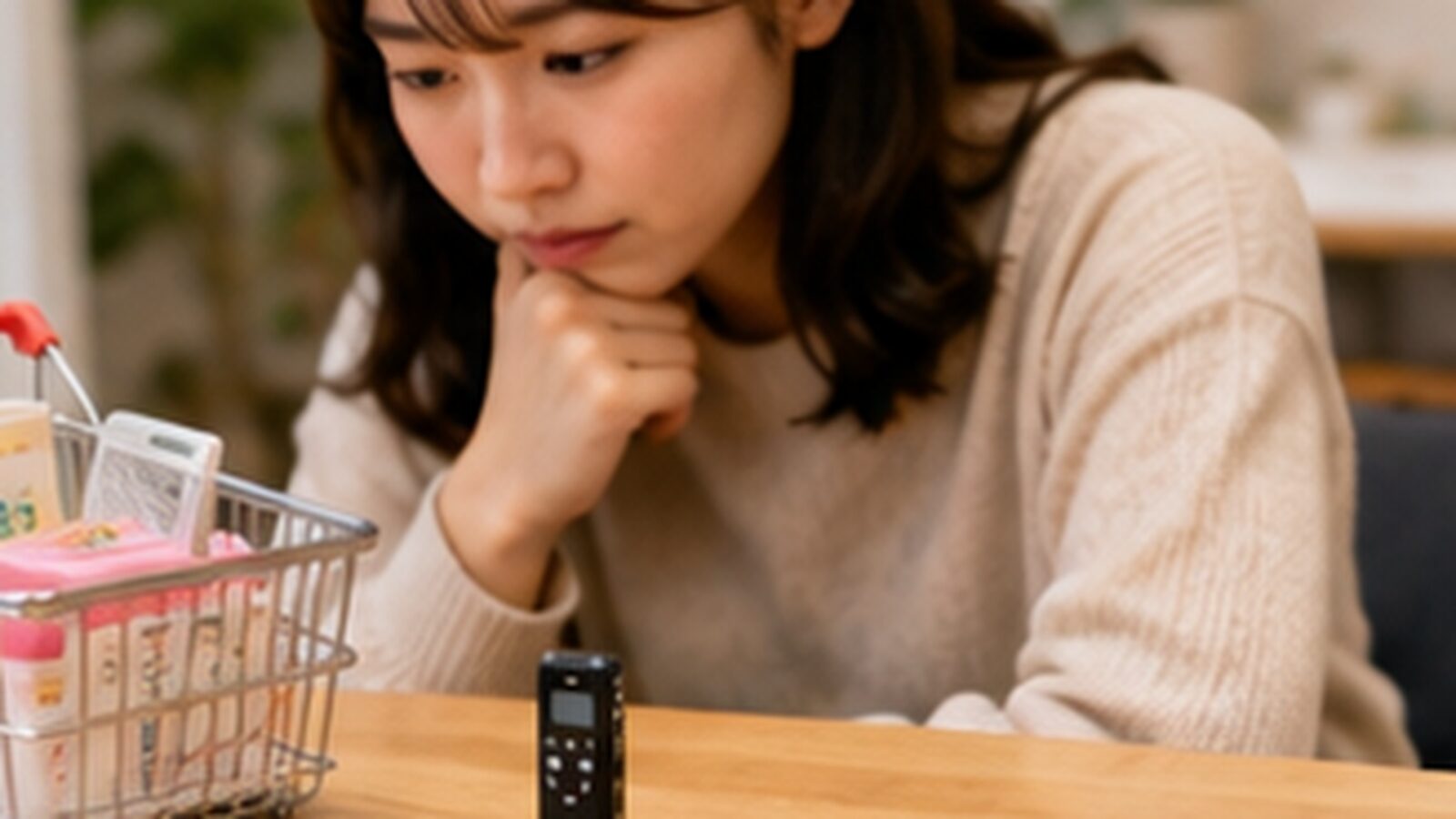 100均の録音玩具とICレコーダーを前に違いを考える日本人女性