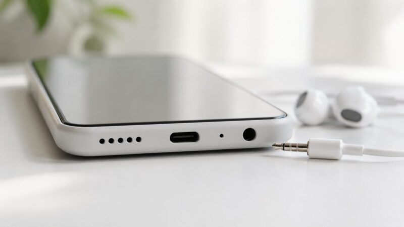 スピーカー穴と有線イヤホン端子を備えたスマートフォン