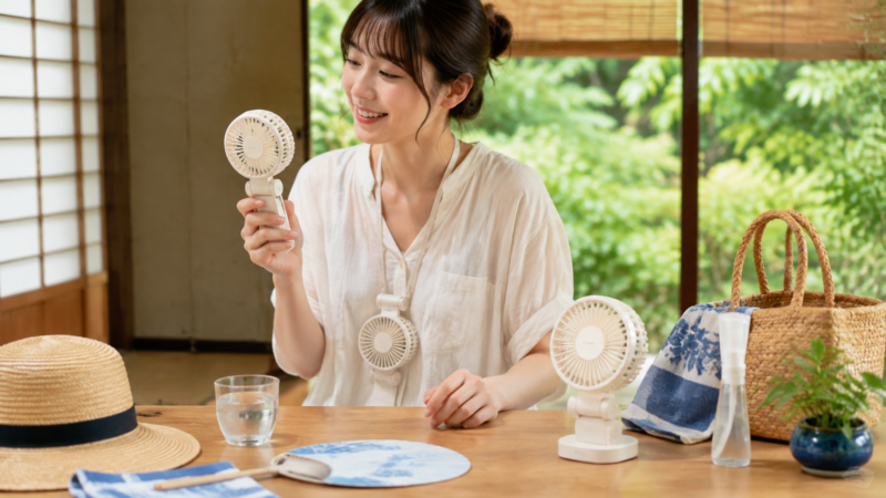 手持ち・首掛け・卓上で使えるハンディファンの3WAYイメージ