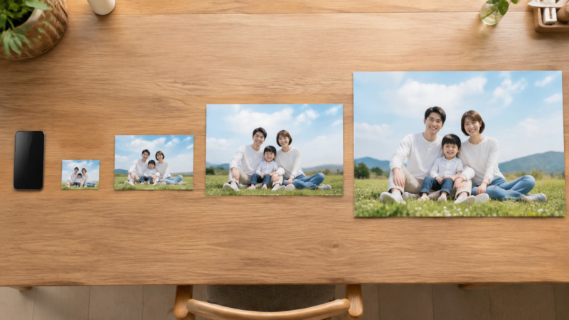 スマホ閲覧から大判印刷まで写真の使用サイズを段階的に比較した様子