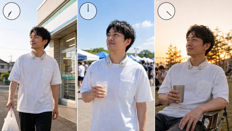 朝から夕方まで異なる時間帯にネッククーラーを使う日本人男性