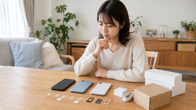 複数のスマートフォンとSIMカードを比較する日本人女性