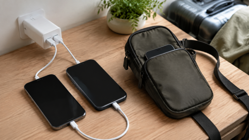 2台同時充電器とスマホ2台収納ポーチの使用イメージ