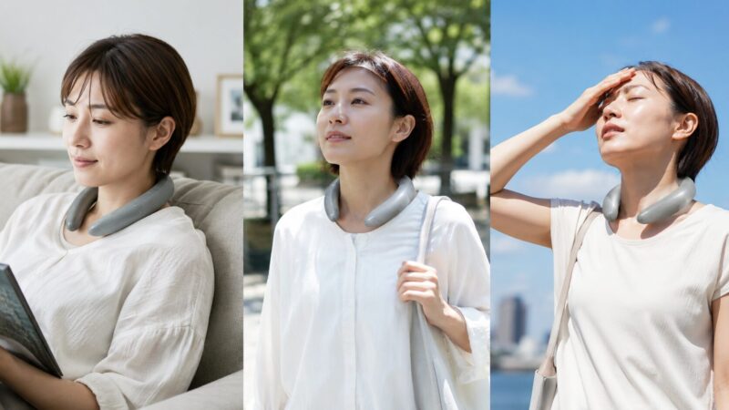 室内や木陰、炎天下でネッククーラーを使用する日本人女性の比較