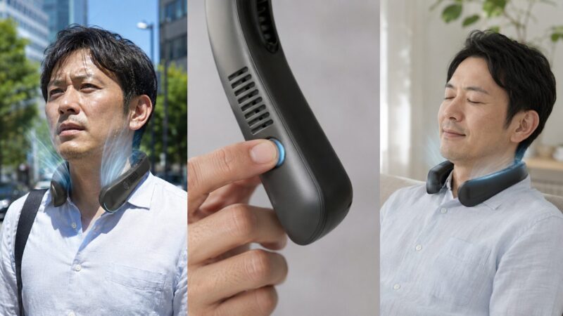 屋外の強モードと室内の弱モードでネッククーラーを使い分ける日本人男性