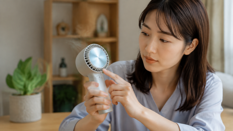 ハンディファンの冷却プレートと排熱部分を確認する日本人女性