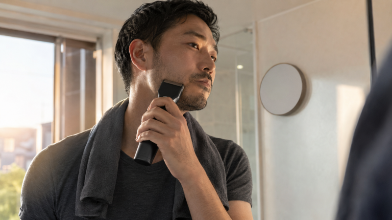 濃いヒゲを往復式電動シェーバーで素早く剃る日本人男性