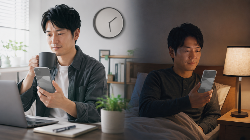 日中と就寝前にスマホのグレースケールを使い分ける日本人男性