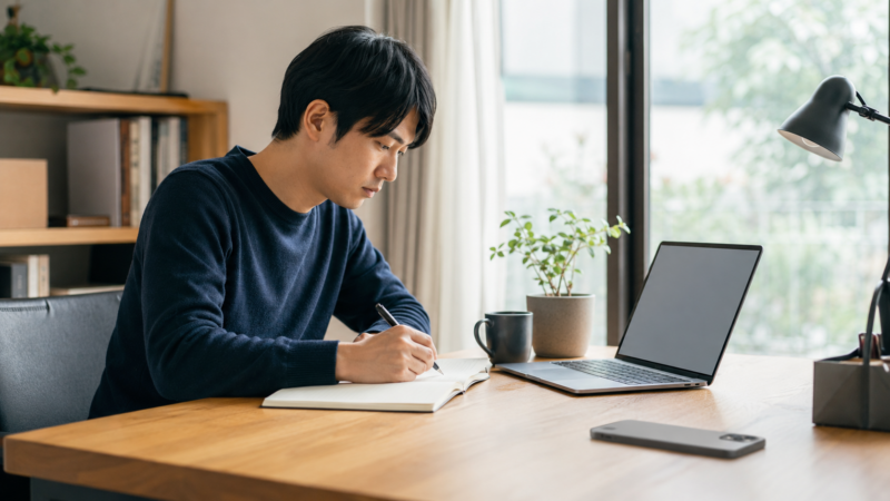 スマホを離れた場所へ置いて仕事に集中する日本人男性