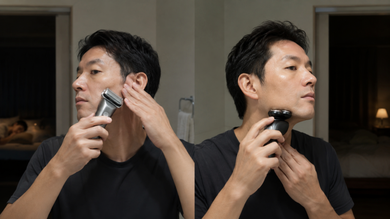 往復式の直線的な動かし方と回転式の円を描く剃り方を比較する日本人男性