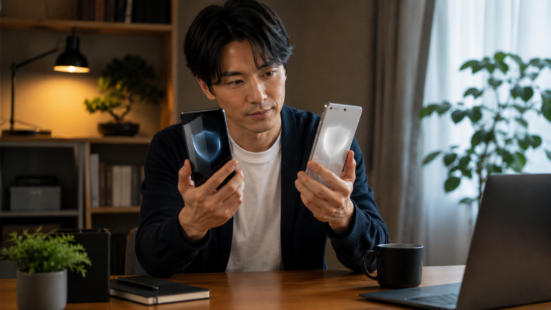XiaomiとOPPOを想定したスマートフォンの安全性を確認する日本人男性
