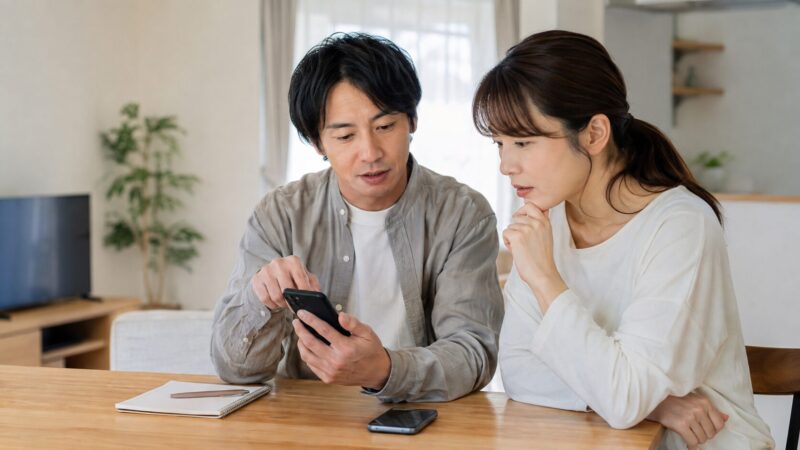 スマートフォンの口コミや動作を夫婦で確認する日本人利用者