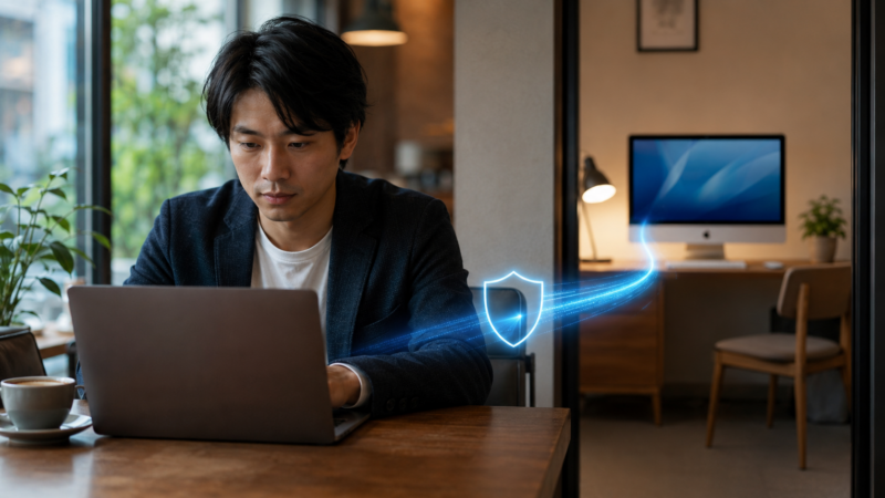 外出先から自宅のMacへ暗号化された経路で安全に接続する様子